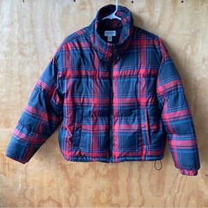 Arizona Plaid Blue and Pink Cropped Puffer Jacket